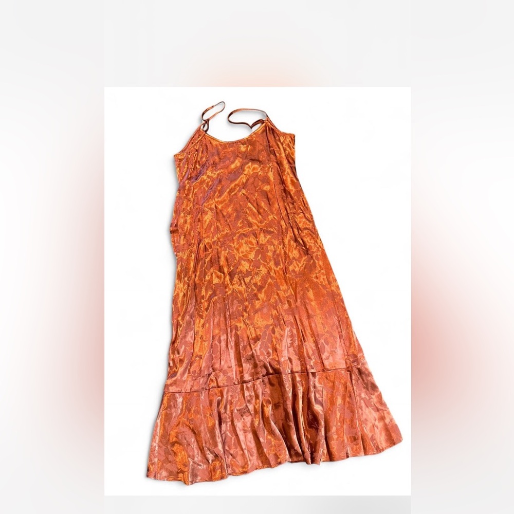 Orange and gold maxi dress with adjustable straps and ruffle detailing Medium